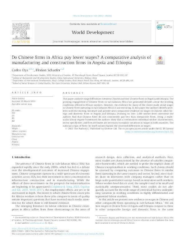 Do Chinese firms in Africa pay lower wages? A comparative analysis of manufacturing and construction firms in Angola and Ethiopia. Thumbnail