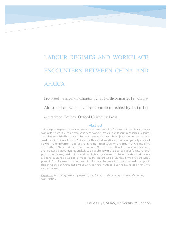 Labour Regimes and Workplace Encounters between China and Africa Thumbnail