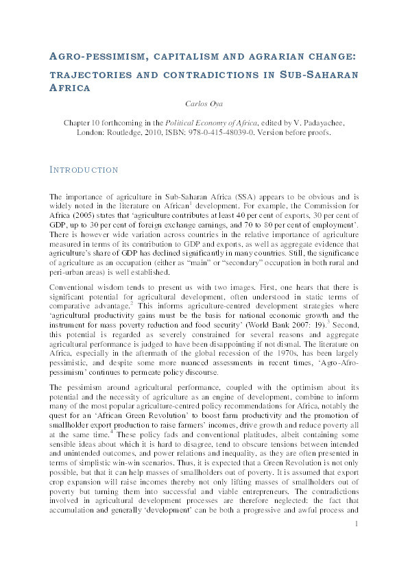 Agro-pessimism, capitalism and agrarian change: trajectories and contradictions in Sub-Saharan Africa Thumbnail