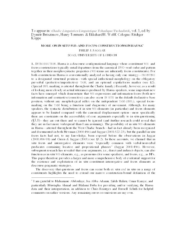More on in situ WH- and focus constructions in Hausa Thumbnail