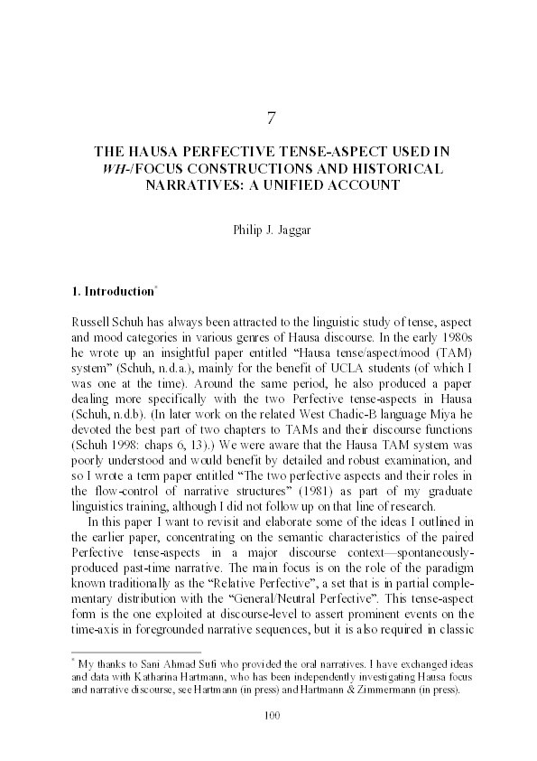 The Hausa perfective tense-aspect used in wh-/focus constructions and historical narratives: a unified account Thumbnail