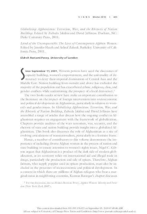 Review: Globalizing Afghanistan: Terrorism, War, and the Rhetoric of Nation Building by Zubeda Jalalzai and David Jefferess and Land of the Unconquerable: the Lives of Contemporary Afghan Women by Jennifer Heath, Ashraf Zahedi Thumbnail