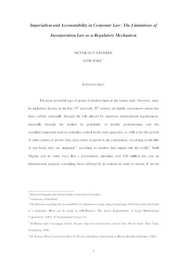Imperialism and accountability in corporate law: the limitations of incorporation law as a regulatory mechanism Thumbnail