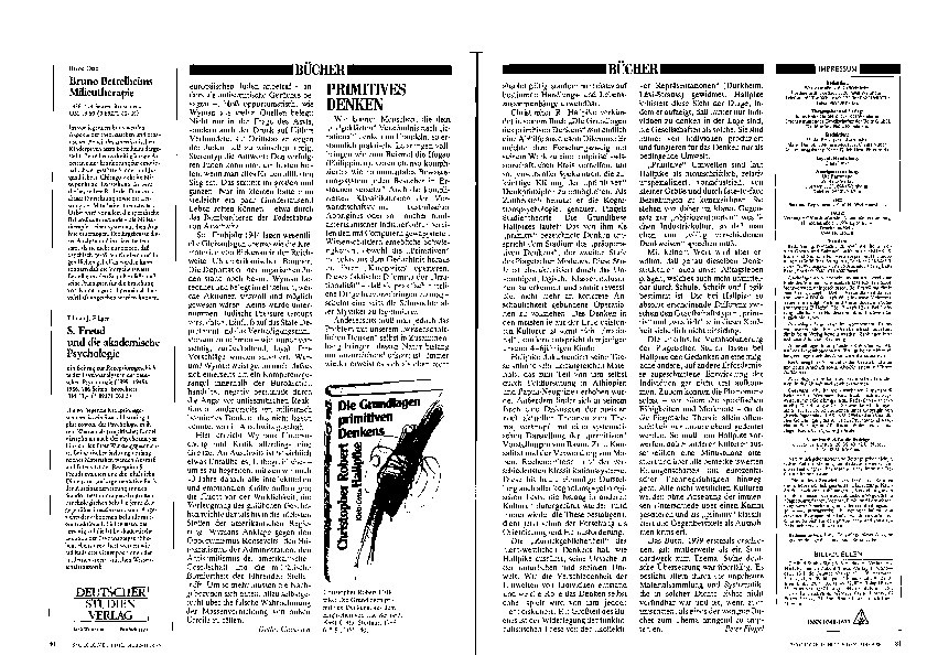 Review of Die Grundlagen Primitiven Denkens. By C. R. Hallpike. Stuttgart: Klett-Cotta, 1984 (German Translation of The Foundations of Primitive Thought. Oxford: Clarendon Press, 1980). Thumbnail