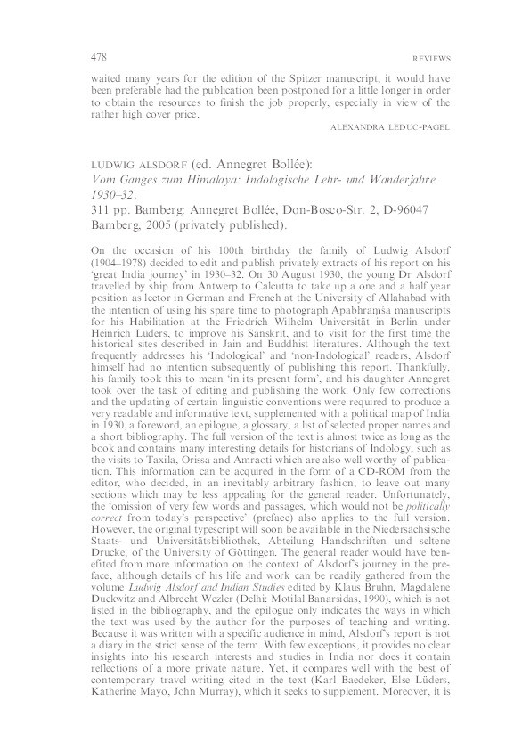 Review of Vom Ganges zum Himalaya: Indologische Lehr- und Wanderjahre 1930–32. Von Ludwig Alsdorf (ed. Annegret Bollée). Bamberg: Annegret Bollée, Don-Bosco-Str. 2, D-96047 Bamberg, 2005 (privately published) Thumbnail