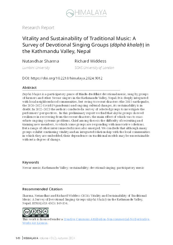 Vitality and Sustainability of Traditional Music: A Survey of Devotional Singing Groups (dāphā khalaḥ) in the Kathmandu Valley, Nepal Thumbnail