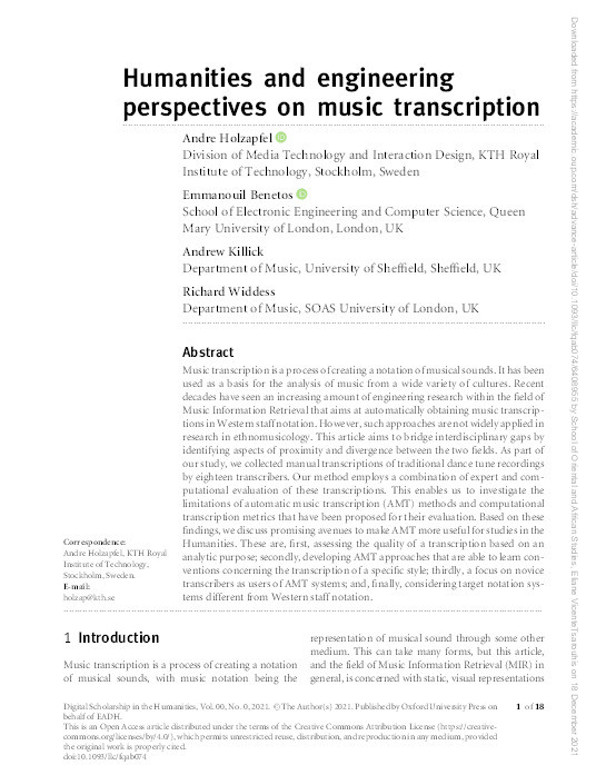 Humanities and Engineering Perspectives on Music Transcription: Thumbnail