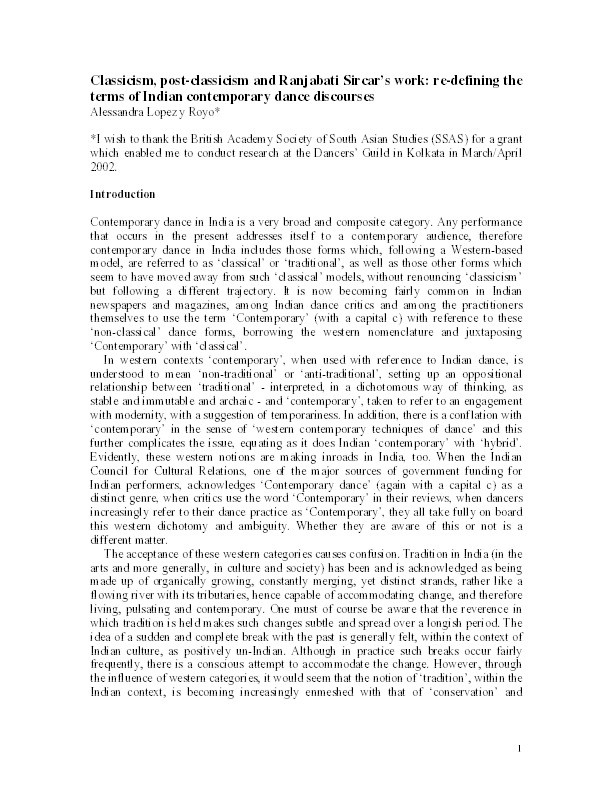 Classicism, post-classicism and Ranjabati Sircar’s work: re-defining the terms of Indian contemporary dance discourses Thumbnail