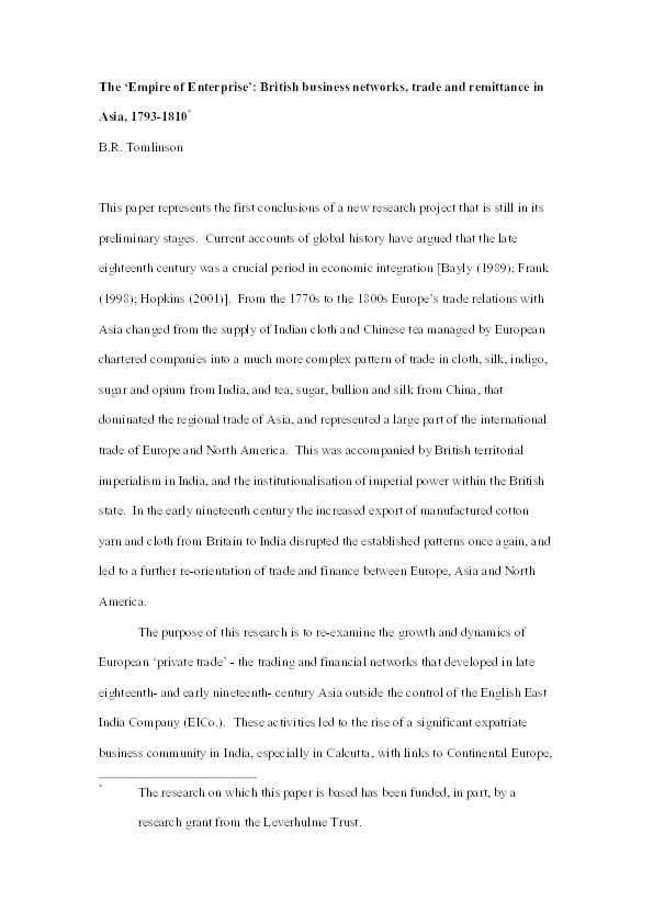 The Empire of Enterprise: Scottish Business Networks in Asian Trade, 1793-1810 Thumbnail