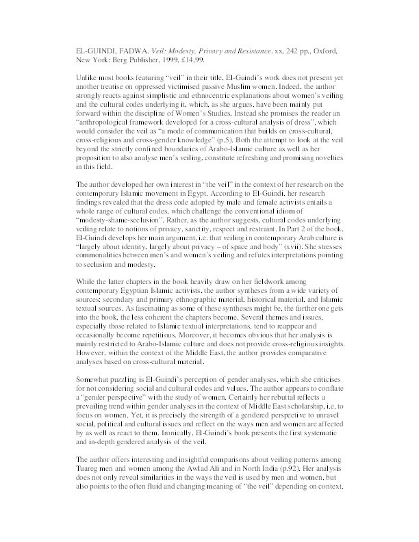 Review of "Veil: Modesty, Privacy and Resistance" by Fadwa El Guindi Thumbnail