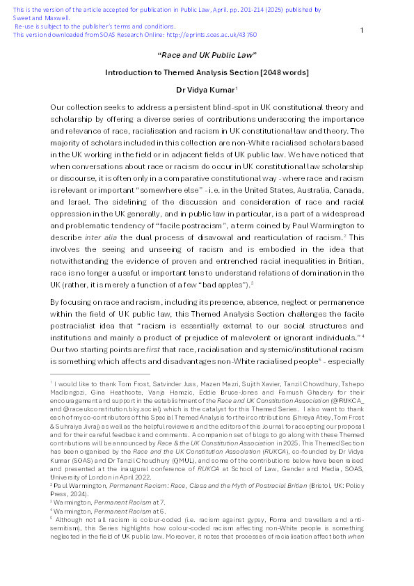 'Race and UK Public Law' (Introduction to Special Series) and 'Race and the UK Constitution: On the Disappearance Irrelevance and Permanence of Race and Racism in the UK' (Submission to Special Series) Thumbnail