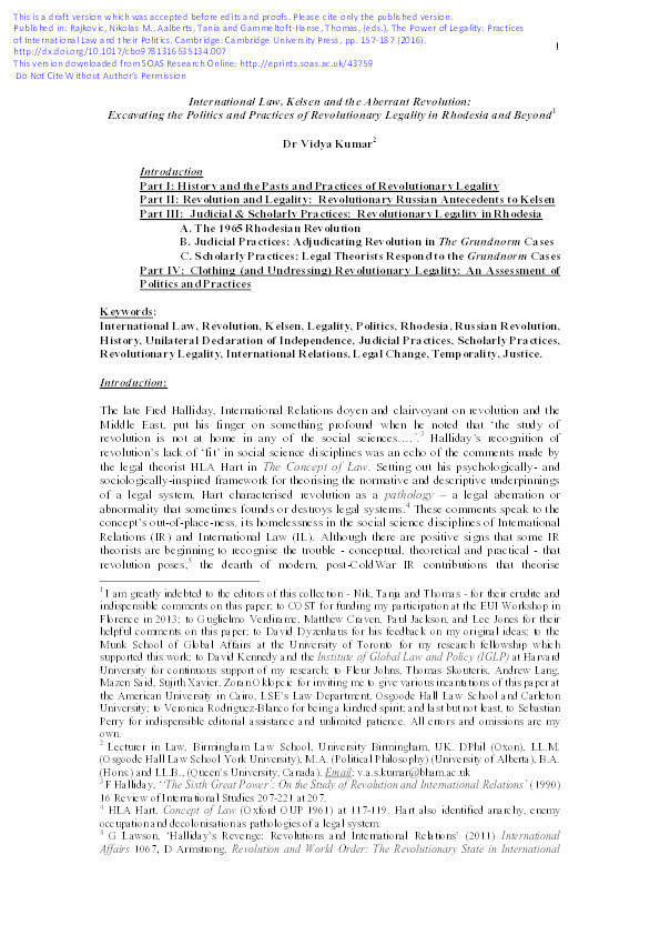 International Law, Kelsen and the Aberrant Revolution: Excavating the Politics and Practices of Revolutionary Legality in Rhodesia and Beyond Thumbnail