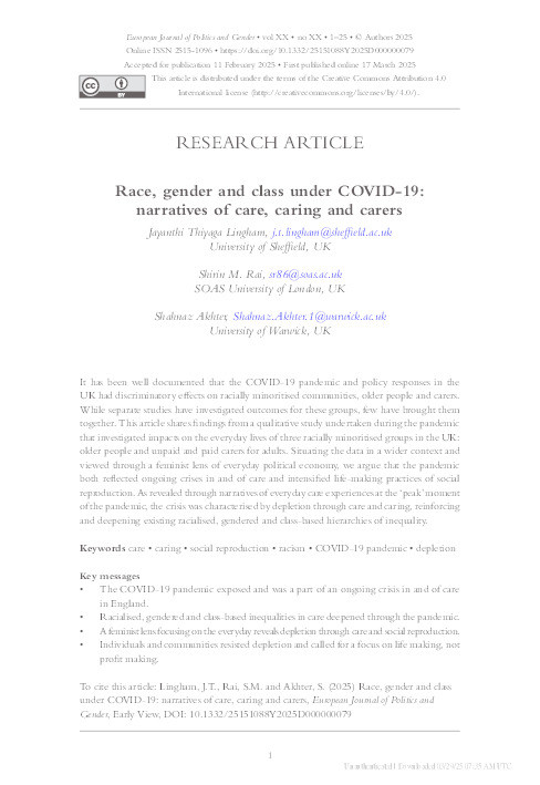Race, gender and class under COVID-19: narratives of care, caring and carers Thumbnail
