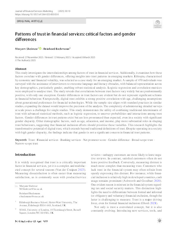 Patterns of Trust in Financial Services: Critical Factors and Gender Differences Thumbnail