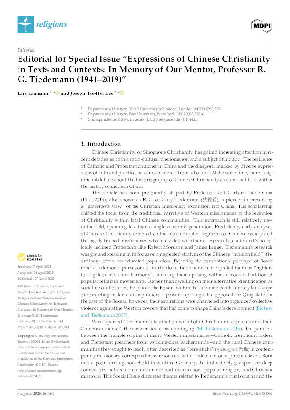 Editorial for Special Issue “Expressions of Chinese Christianity in Texts and Contexts: In Memory of Our Mentor, Professor R. G. Tiedemann (1941–2019)” Thumbnail