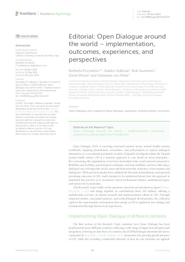 Editorial: Open Dialogue around the world – implementation, outcomes, experiences, and perspectives Thumbnail
