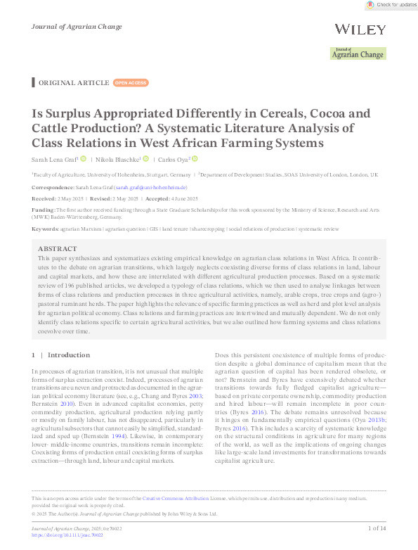 Is Surplus Appropriated Differently in Cereals, Cocoa and Cattle Production? A Systematic Literature Analysis of Class Relations in West African Farming Systems Thumbnail