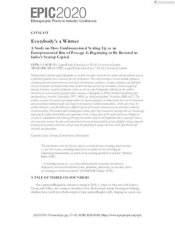 Everybody's a Winner: A Study on How Unidimensional Scaling Up as an Entrepreneurial Rite of Passage Is Beginning to Be Resisted in India's Startup Capital Thumbnail